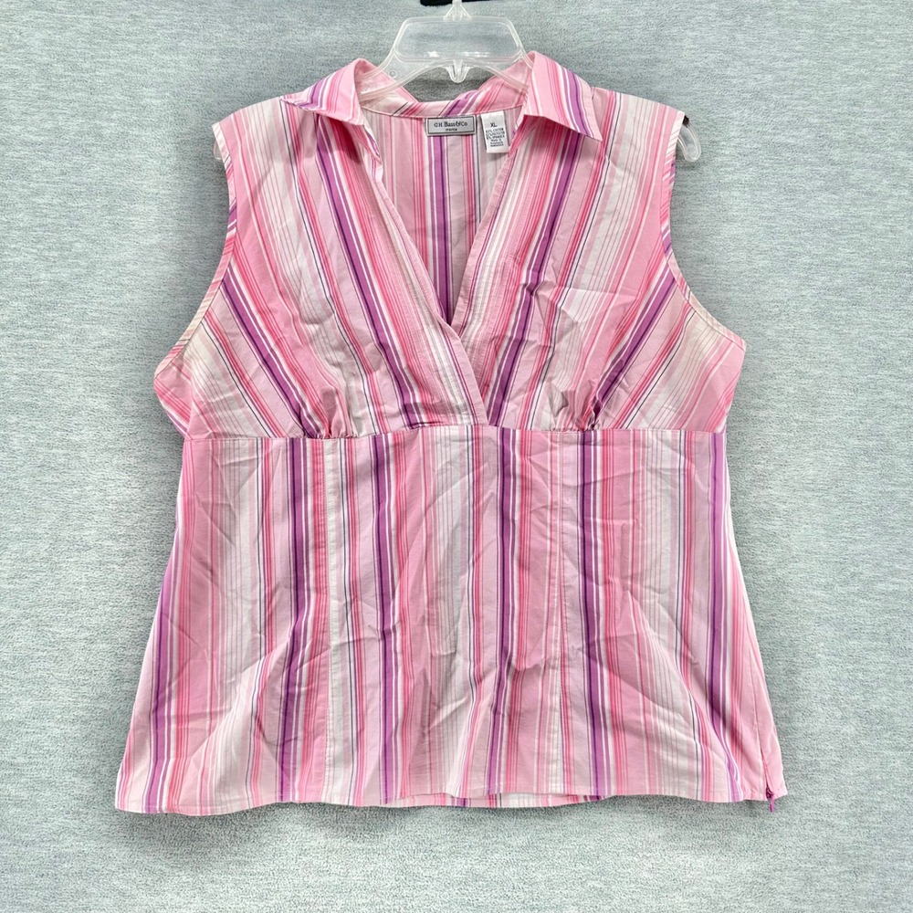 G.H. Bass & Co. Sleeveless Top Womens XL Pink Striped Stretch V-Neck Collared